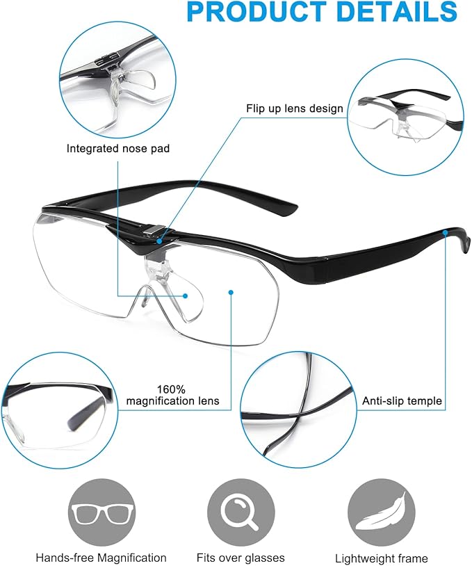 OKH Magnifying Glasses, 160% Magnification, Flip Up Down Lens, Hands-Free Magnifier Eyeglasses for Close Work, Reading, Sewing, Craft, Jewelry Making, Hobby, Painting