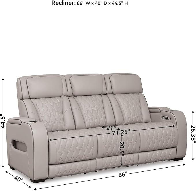 Signature Design by Ashley Boyington Contemporary Leather Match Power Reclining Sofa with USB Charging Ports, LED Lights and Adjustable Headrest, Light Gray