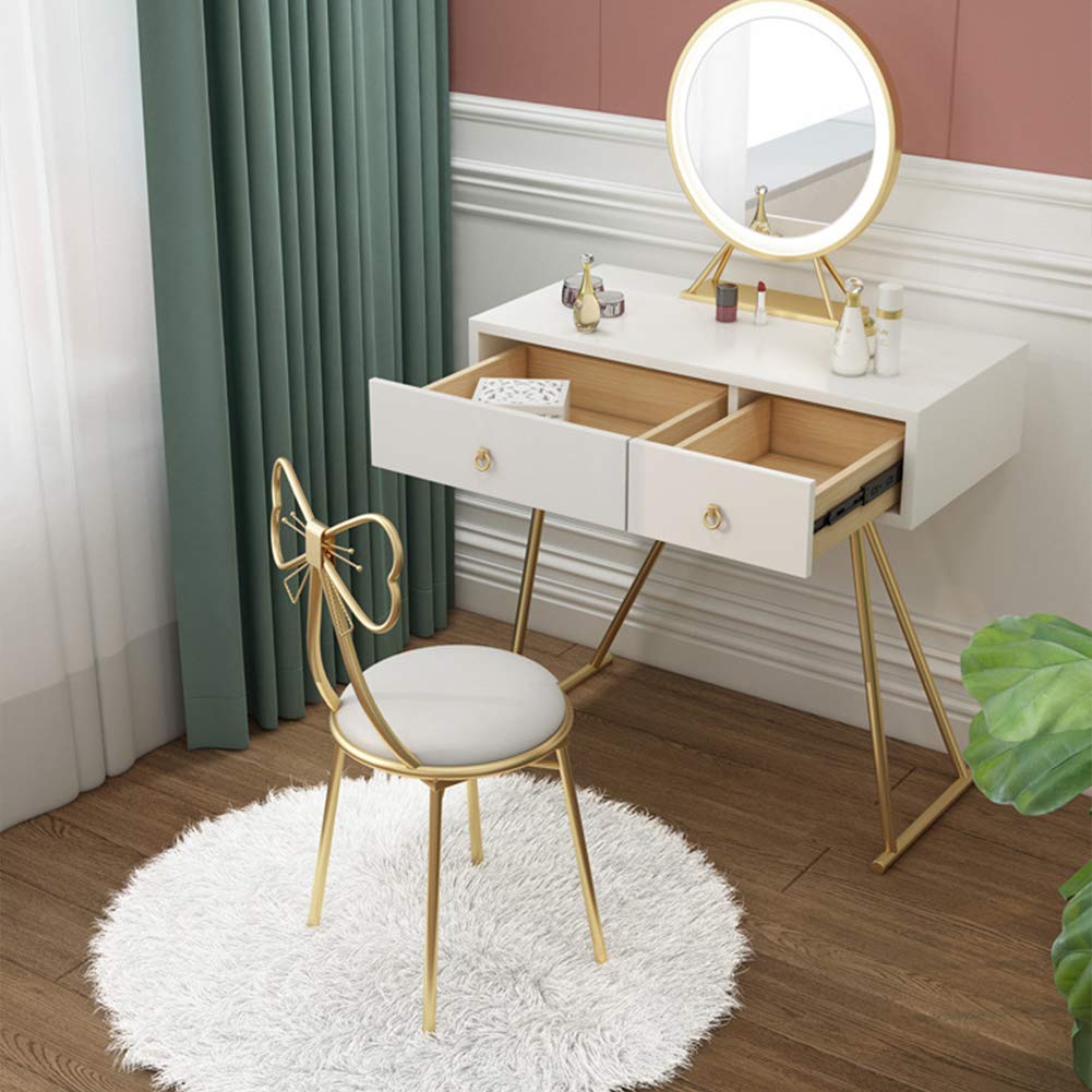 Gluck Plants Modern Makeup Vanity Stool, Cute Butterfly PU White Stool Ottoman Bench, Metal Legs Gold Dining Chair for Kitchen, Bedroom, Living Room