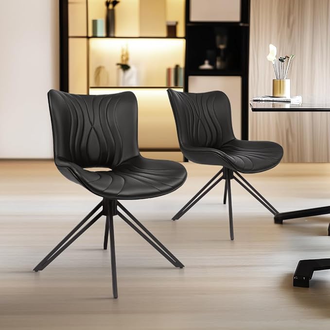 VATROS Dining Chairs Set of 4, 360° Swivel Upholstered Mid-Century Modern Kitchen Dining Room Chairs, Armless Faux Leather Accent Side Chair with Padded Back, Metal Leg, Black