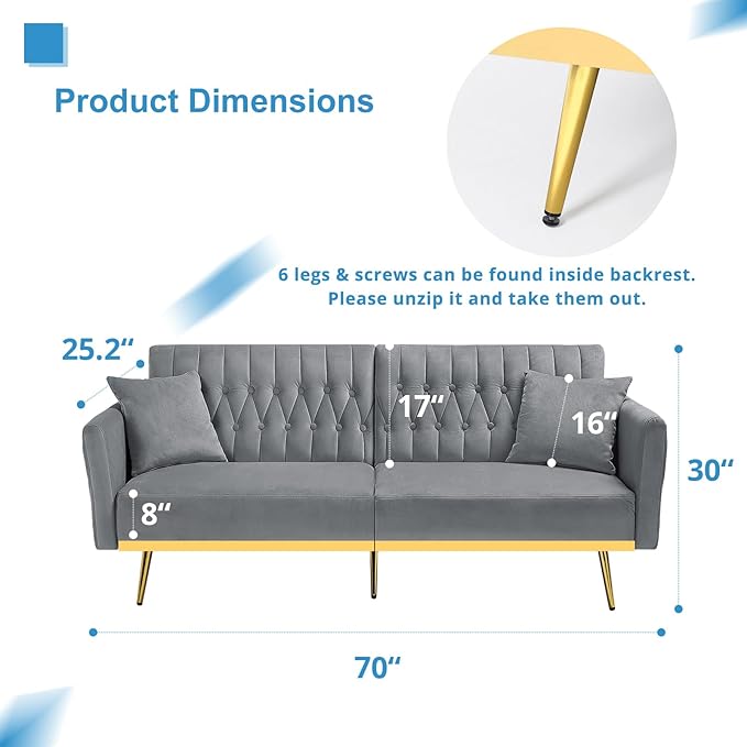 ACMEASE 70” Velvet Futon Sofa Bed with 2 Pillows and Adjustable Armrests, Convertible Sleeper Bed W/Adjustable Backrests, Modern Loveseat for Living Room, Bedroom, Light Grey