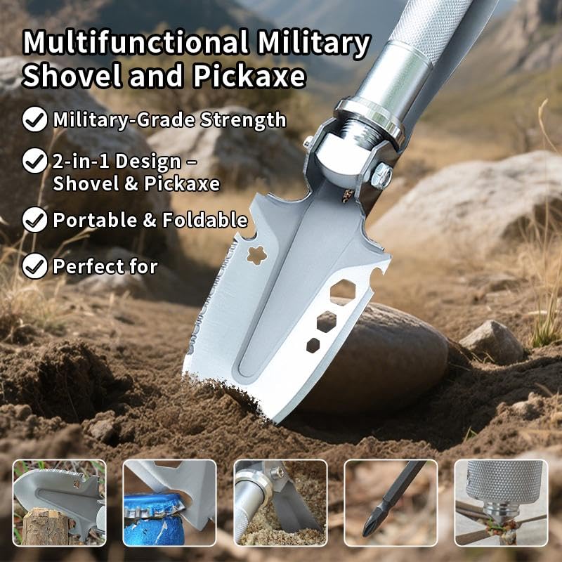Survival Shovel with Pickaxe, 3-Section Adjustable Folding Shovel, Heavy-Duty Tactical Shovel Multifunctional Camping Gear...