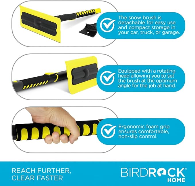 BIRDROCK HOME 39" Extendable Car Snow Brush with Detachable Wide Ice Scraper | 14" Foam Head for Windshield & Paint Safety | Lightweight Body, Ergonomic Grip | Ideal for Cars SUV & Small Trucks Yellow