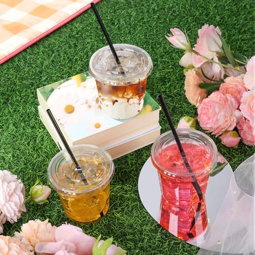 tchrules 100 Set 12oz Plastic Cups with Lids and Straws, Disposable Clear Iced Coffee Cup with Lid, Round Bottom Plastic T...