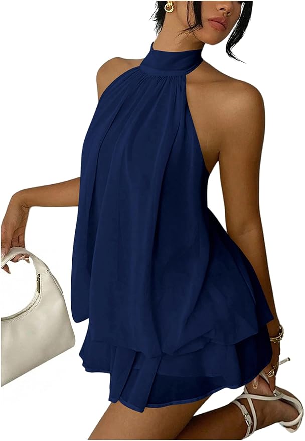 Verdusa Women's Chiffon Halter Drop Waist Wedding Guest Dresses Ruffle Summer Mini Dress Brunch Outfits