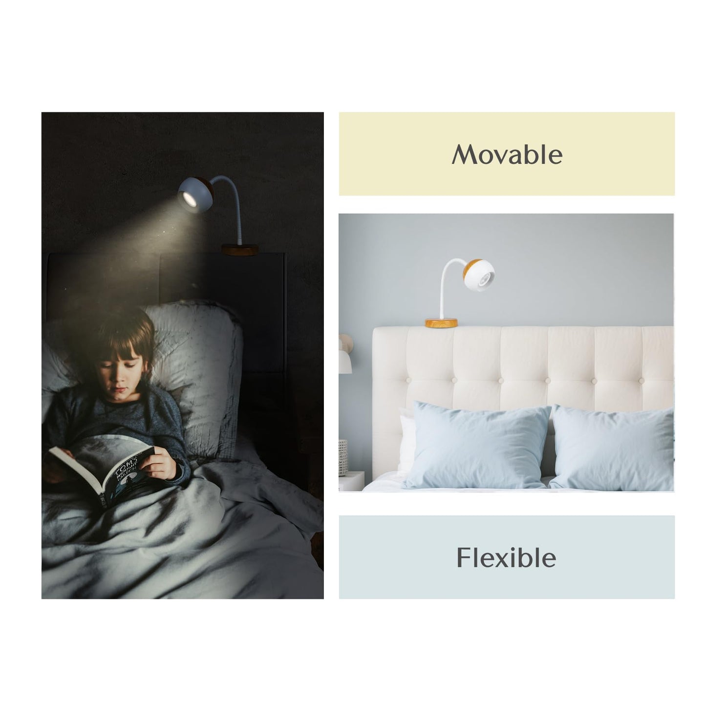 Solfres Patented Innovative Design Headboard Reading Light. No Drilling Book Light for Bedtime Reading. Dimmable LED Book Reading Lamp with Bulb. Movable & Flexible, Burlywood