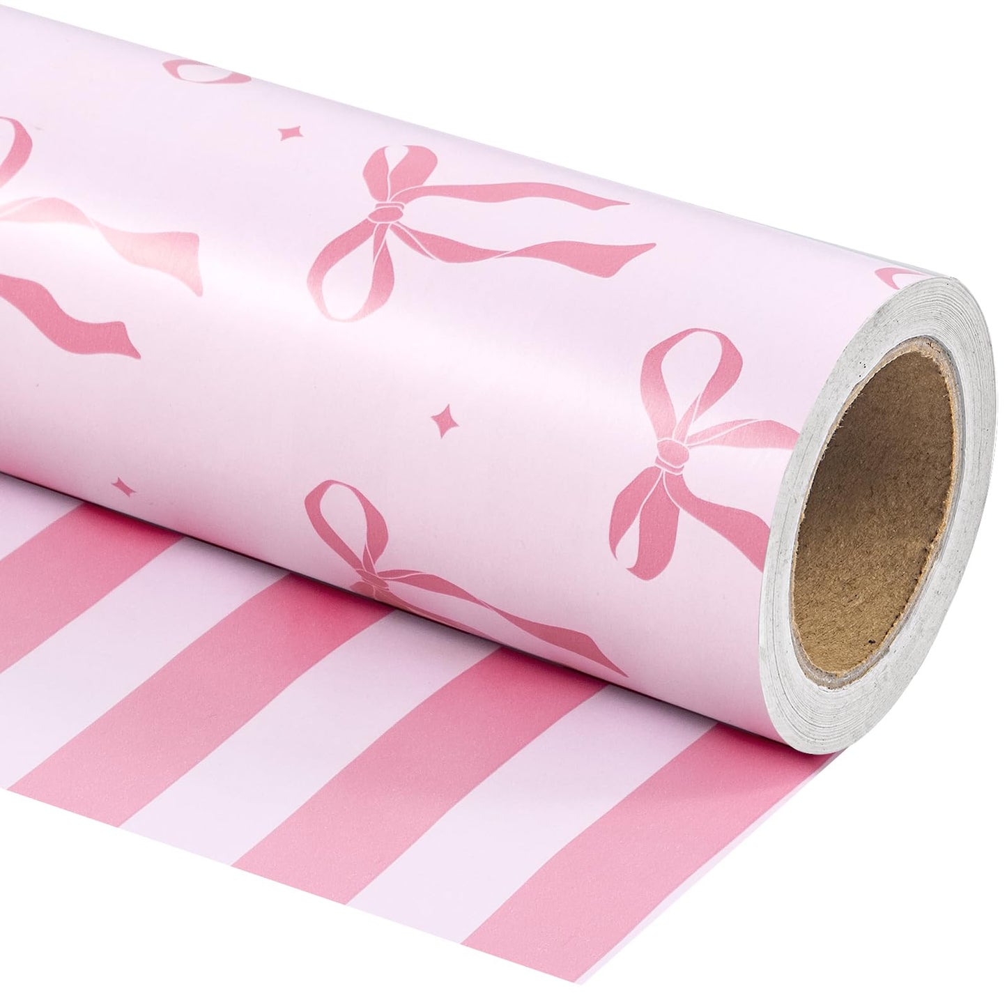 WRAPAHOLIC 30 Inch Jumbo Reversible Pink Bow Wrapping Paper Roll - 30 Inch x 33 Feet - Pink Ribbon Bow and Stripes Design Perfect for Girls Birthday, Baby Shower, Bachelorette Party