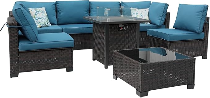 3D MATRIX 8 Pieces Patio Sets with 28" Gas Fire Pit Table Wicker Rattan Outdoor Furniture Set Conversation Set with Garden,Balcony,Pool, Deck (Brown & Peacock Blue, 8pcs Set)