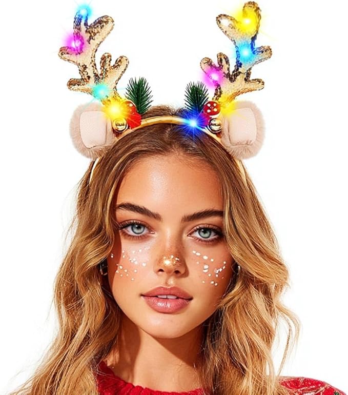 CAKURE Light Up Reindeer Antlers Headband LED Glow Christmas Headbands Deer Ears Hair Bands Holiday Xmas Headwear for Women