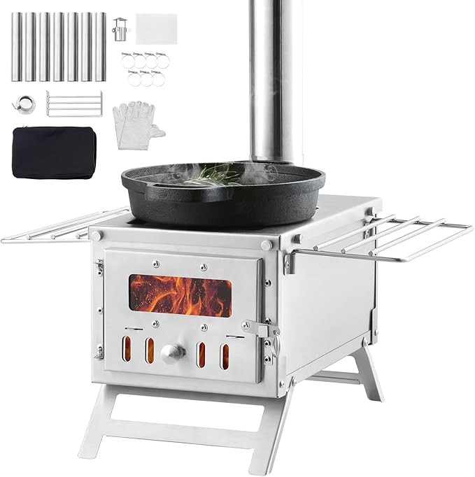 VEVOR Camping Wood Stove Stainless Steel Camping Tent Stove, Portable Wood Burning Stove with Chimney Pipes & Gloves, 700i...
