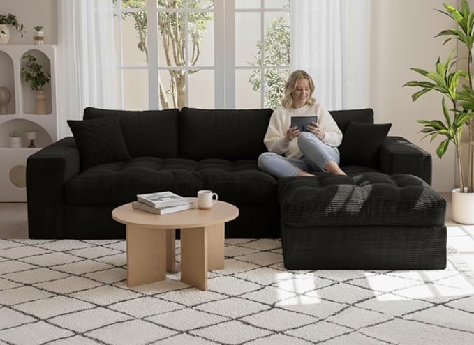 NAYA 106” Modular Sectional Sofa, Cloud Sectional Couch with Deep Seat, Modern Modular L-Shape Sofa Boneless Couch with Chaise for Living Room Bedroom (Black, Cloudy Sofa with Right Facing Chaise)