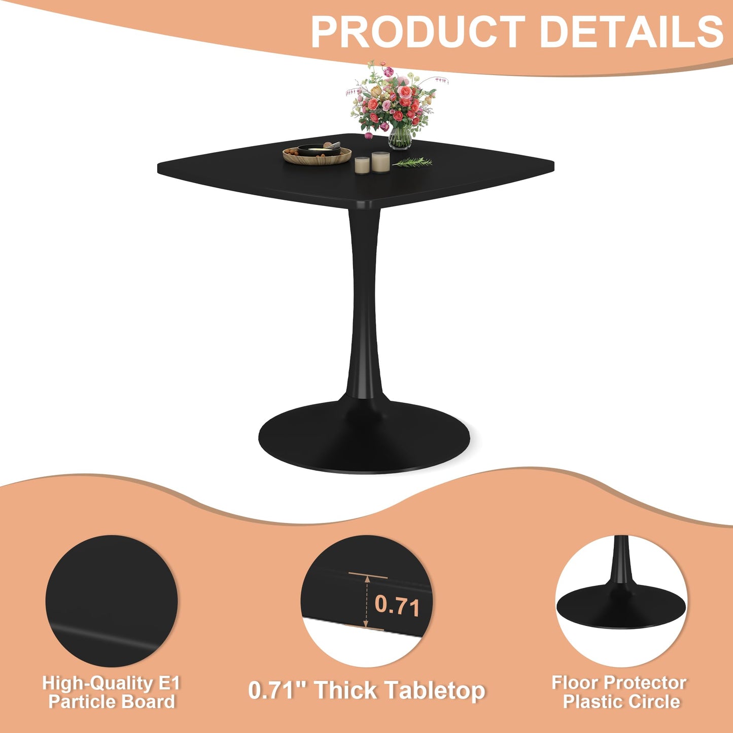DKLGG Square Dining Table for 2-4 Person, 32 Inches Kitchen Table Tulip Dining Table MDF and Metal Legs for Kitchen & Dining Room Table, Black