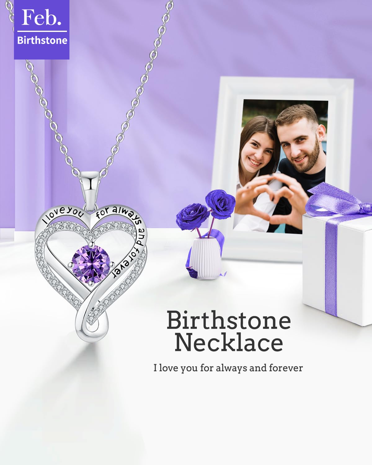 Mkhhy S925 Womens Necklace Infinity Heart Amethyst Birthstone Silver Womens Jewelry Her Anniversary Wife Birthday Gift Ideas Gir