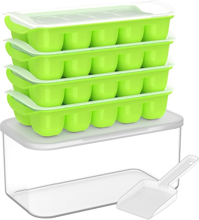 DOQAUS Ice Cube Tray with Lid and Bin - 4 Pack Ice Bucket Kits, Stackable Silicone Ice Trays for Freezer, Easy Pop Out, BP...