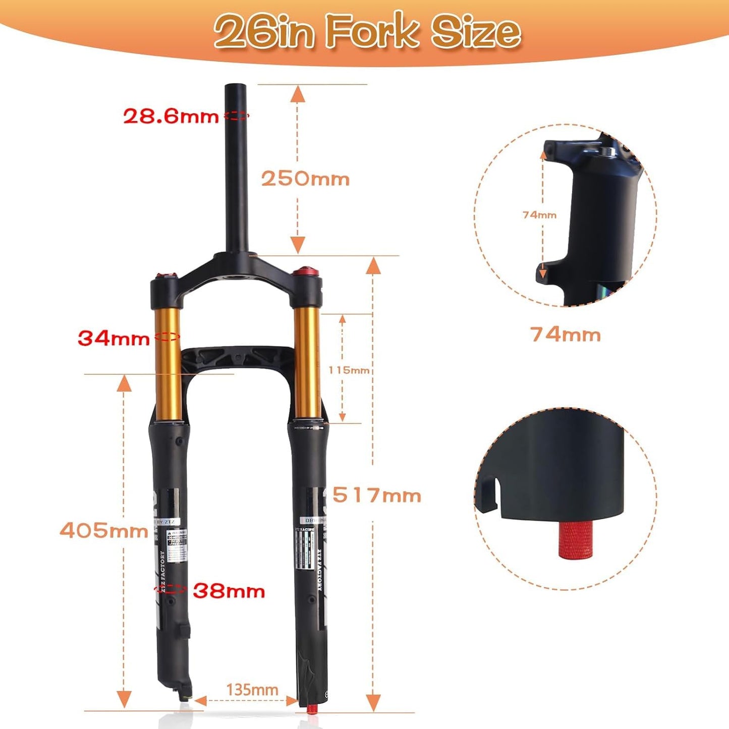 ZTZ 26 * 4.0 inch Fat Tire MTB Air Suspension Fork - Ultralight Rebound Adjustment Front Fork,120mm Travel, 135mm Spacing Hub，9mm QR，Crown Lockout， Ideal for Snow Beach XC Mountain Bikes