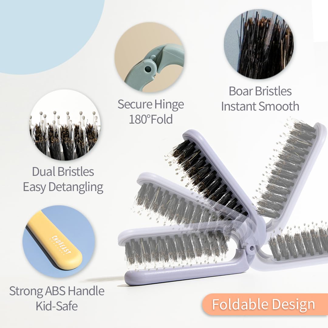 Uffy MiniPop Travel Hair Brush - Mini Folding Boar Bristles for Women, Men & Kids | Kid-Friendly Portable Purse Brush for Wet &