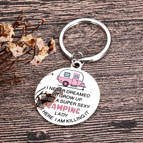 Funny Camping Keychain for Women Super Sexy Camping Lady RV Gifts Happy Camper Gift Cool Camper Accessories for Her RV Ess...