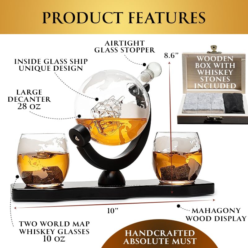 Gifts for Men Dad, Whiskey Decanter Globe Set with Ball & Glasses, Anniversary Birthday Gifts for Him Husband Boyfriend Brother, Unique Valentine Day Gifts for Bourbon Scotch Liquor Vodka, Cool Stuff