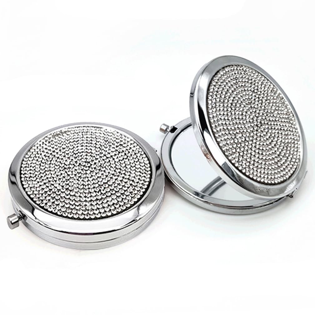 Reazana 2pcs Magnifying Compact Mirrors 1X 2X Purse Pocket Makeup Mirror Folding Travel Mirrors Sturdy Metal with Diamonds Folda