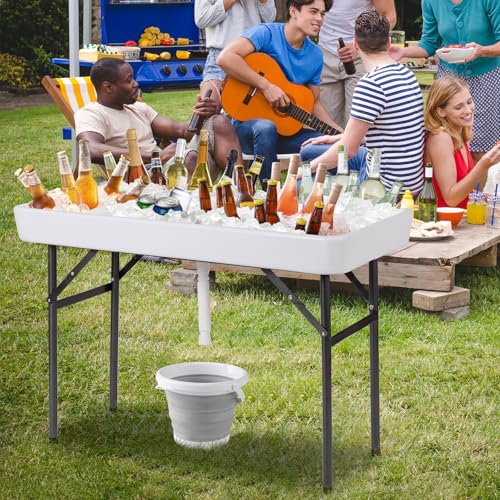 Giantex 4 FT Folding Ice Cooler Table with Drain & Bucket, Removable Skirt, No Assembly, Portable Fill and Chill Table for...