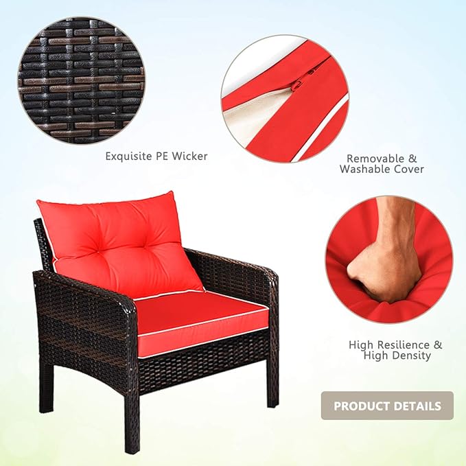 HAPPYGRILL 4-Piece Patio Furniture Set Outdoor Rattan Wicker Sofa Set with Cushions & Coffee Table, Conversation Sofa Set with Tempered Glass Table Top and Storage Shelf