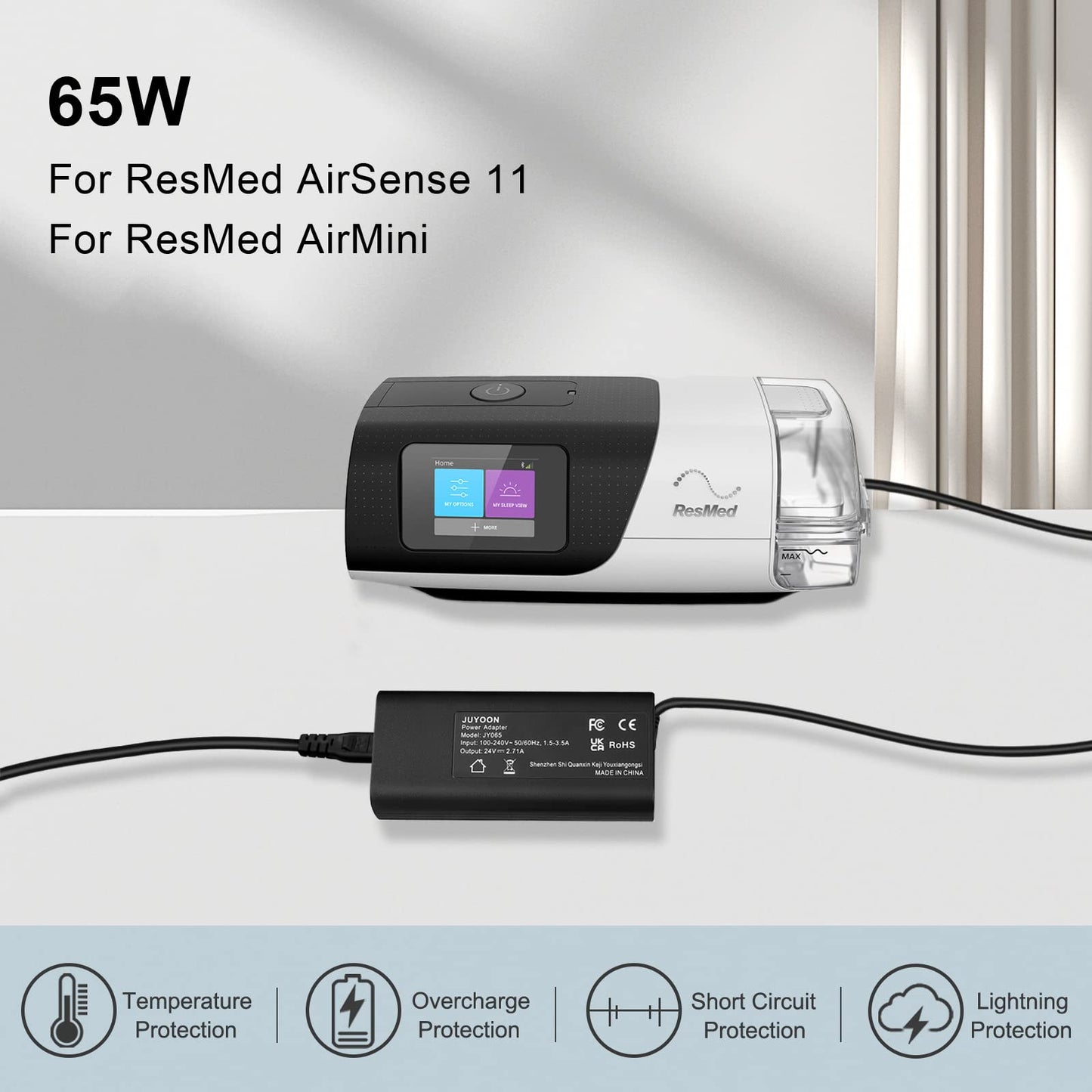 JUYOON 65W 24V Power Supply Compatible with Resmed AirSense 11 S11 AutoSet Elite CPAP Machine Air 11 PSU 65W Airsense 11 Supplies Charger Cable