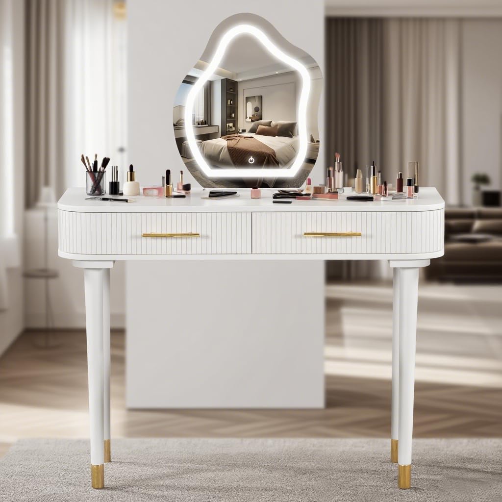 Goldshire 40" Modern Vanity Table Set with Mirror and Lights, Dressing Table and Cushioned Stool Set with 2 Large Drawers, Modern Makeup Table for Bedroom,Makeup Room