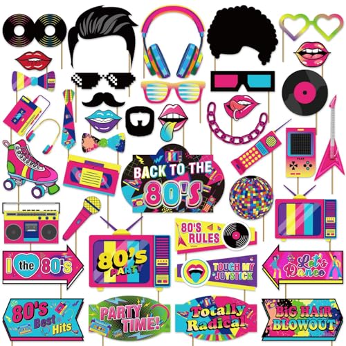 M AMFEOV 40 Pcs 80s Photo Booth Props, 80s Party Decorations 80s Props, 80s Birthday Party Decorations Disco Party Photo B...