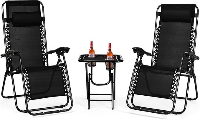 Goplus Zero Gravity Chair Set, 3 Pieces Outdoor Lounge Chair Recliners w/Side Table, Headrest and Cup Holders, Adjustable ...
