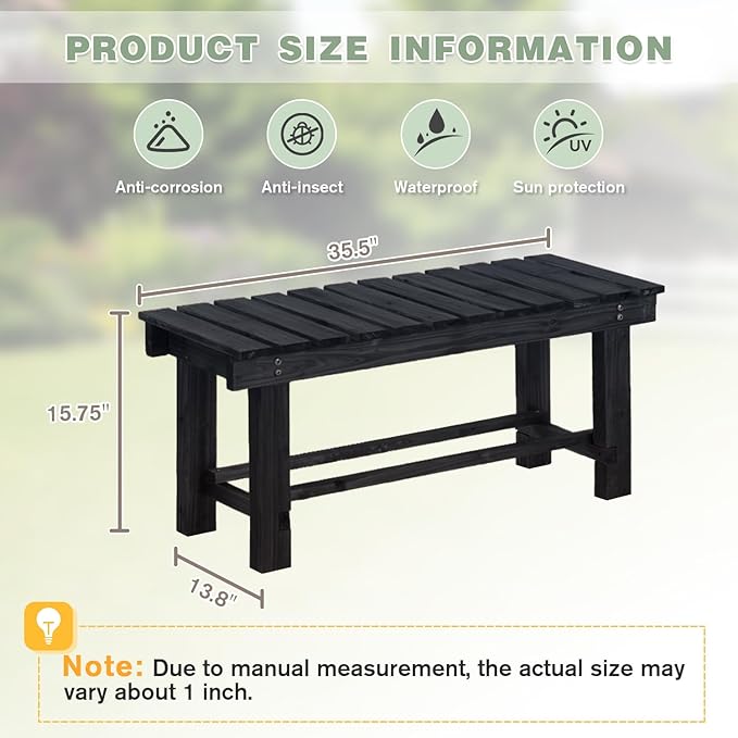LSPYYDS Outdoor Garden Bench, 2-Person Wood Patio Bench Weatherproof Outdoor Backless Bench, Anti-Corrosion and Anti-Rust Garden Benches for Garden Lawn Porch Park Backyard (Black,35.5''/90cm)
