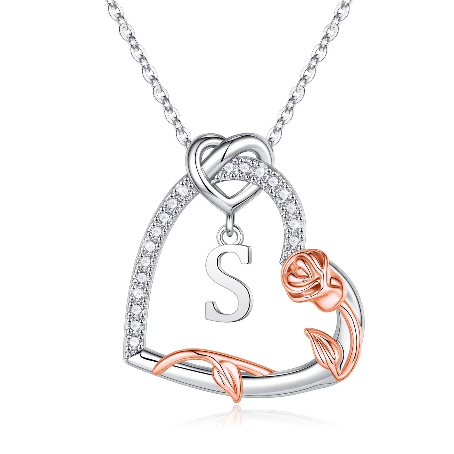 Iefil Rose Heart Necklace - Romantic Gifts for Her: Initial S Letter Heart Pendant, Anniversary or Birthday Gift