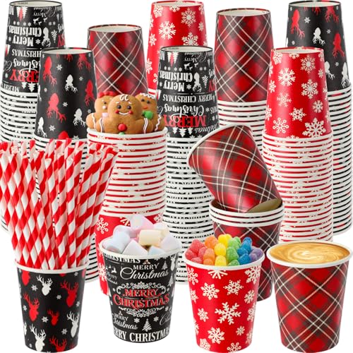 FoldTier 240 Set 9 oz Christmas Hot Cocoa Paper Cups Bulk Disposable Paper Coffee Tea Cups with Straws Christmas Hot Choco...
