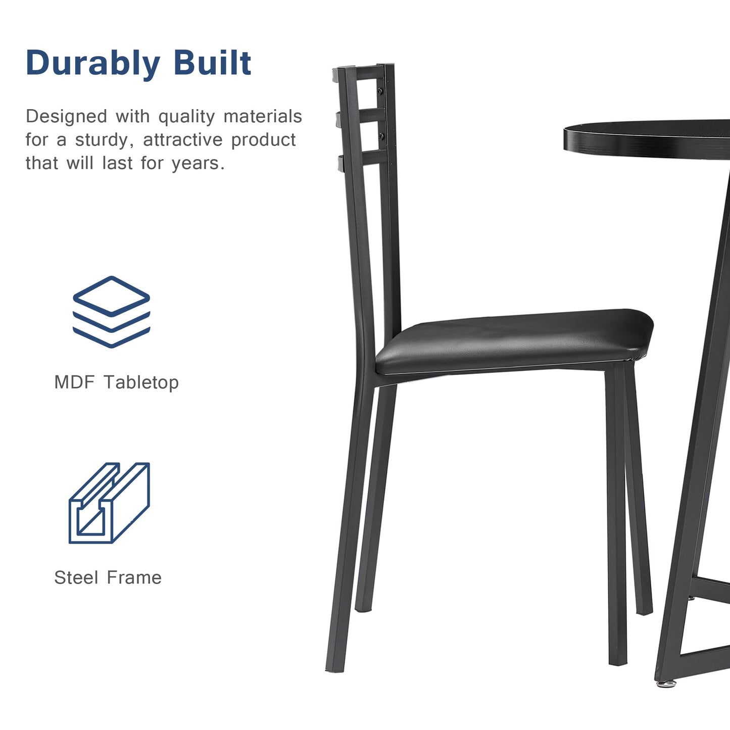 VECELO Small Round Dining Table Set for 2, Heavy-Duty Metal Frame & Upholstered Chair for Breakfast Nook, Kitchen, and Small Space, Black