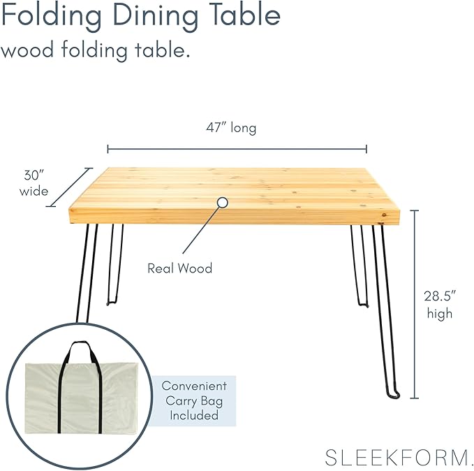 Sleekform Wooden Folding Dining Table for 4 - Farmhouse Kitchen Table with Collapsible Hairpin Legs - Small Foldable Tables for Small Dining Room Spaces - 4 ft Portable Wood Kitchen Tables - Birch