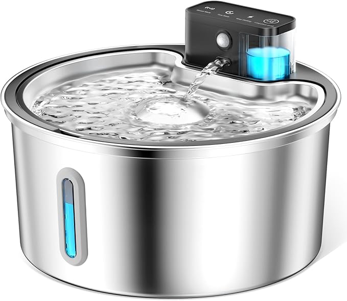 PawPoll Wireless Cat Water Fountain Stainless Steel - 3.2L/108oz Cordless Pet Water Fountain Battery Operated Cat Water Di...
