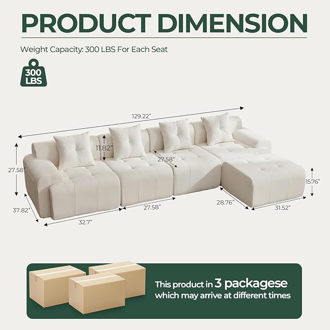 YAAREE 129.23”Modular Sectional Couch for Living Room, Modren L-Shape Cloud Sectional 4-Seater Sofa with Movable Ottoman, Woven Texture Upholstery Boneless Couch, No Assembly, Beige