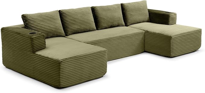 132" Modular Sectional Sleeper Sofa, Boneless Cloud Couch for Living Room, U Shaped 5 Seat Sofa with 2 Cup Holders, Free Combination, No Assembly Required (Green)
