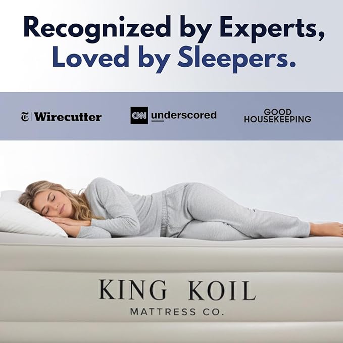 King Koil Luxury Air Mattress 16in Full Size Beige with Built-in Pump for Home, Camping & Guests-Inflatable Airbed Luxury Double High Adjustable Blow Up Mattress, Durable - Portable and Waterproof