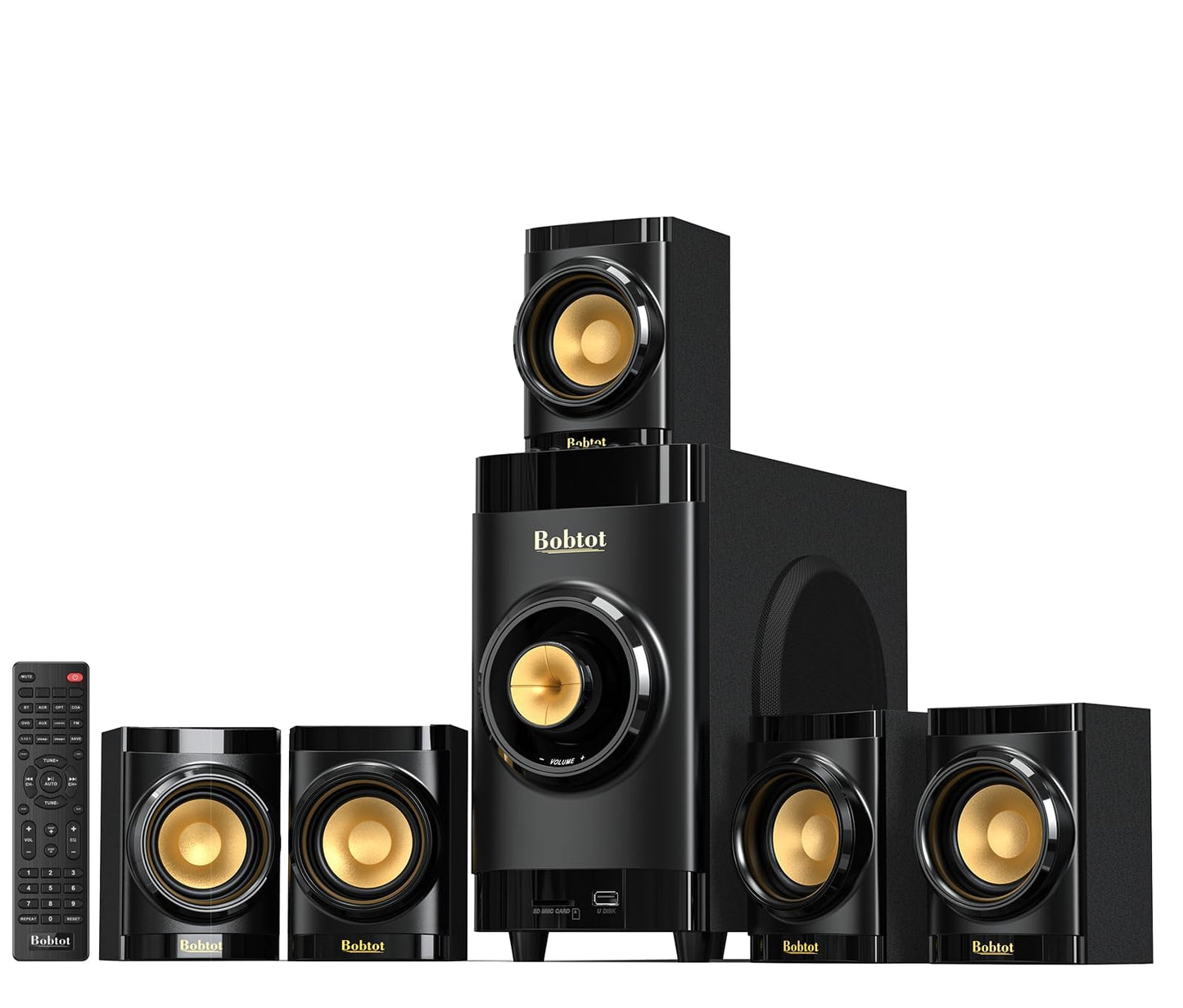 Bobtot Small Subwoofer Home Theater for TV Surround System 5 Wired Speakers Amplifier 4 inch Woofer Built-in Receiver Support ARC Optical Bluetooth Input for Projector