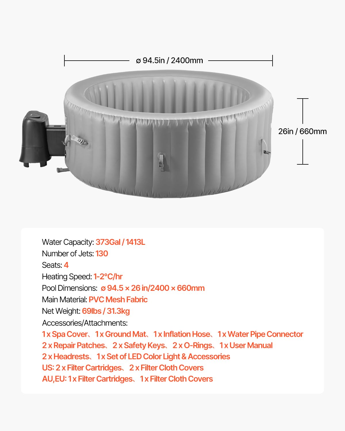 VEVOR Inflatable Hot Tub, 6 to 8 Person Capacity, 94.5 x 26in Round Portable Outdoor Spa, with 130 Soothing Jets, Headrest, LED Light, Cover, Multi-Function Control Panel, PVC Outdoor Hot Tub, Grey