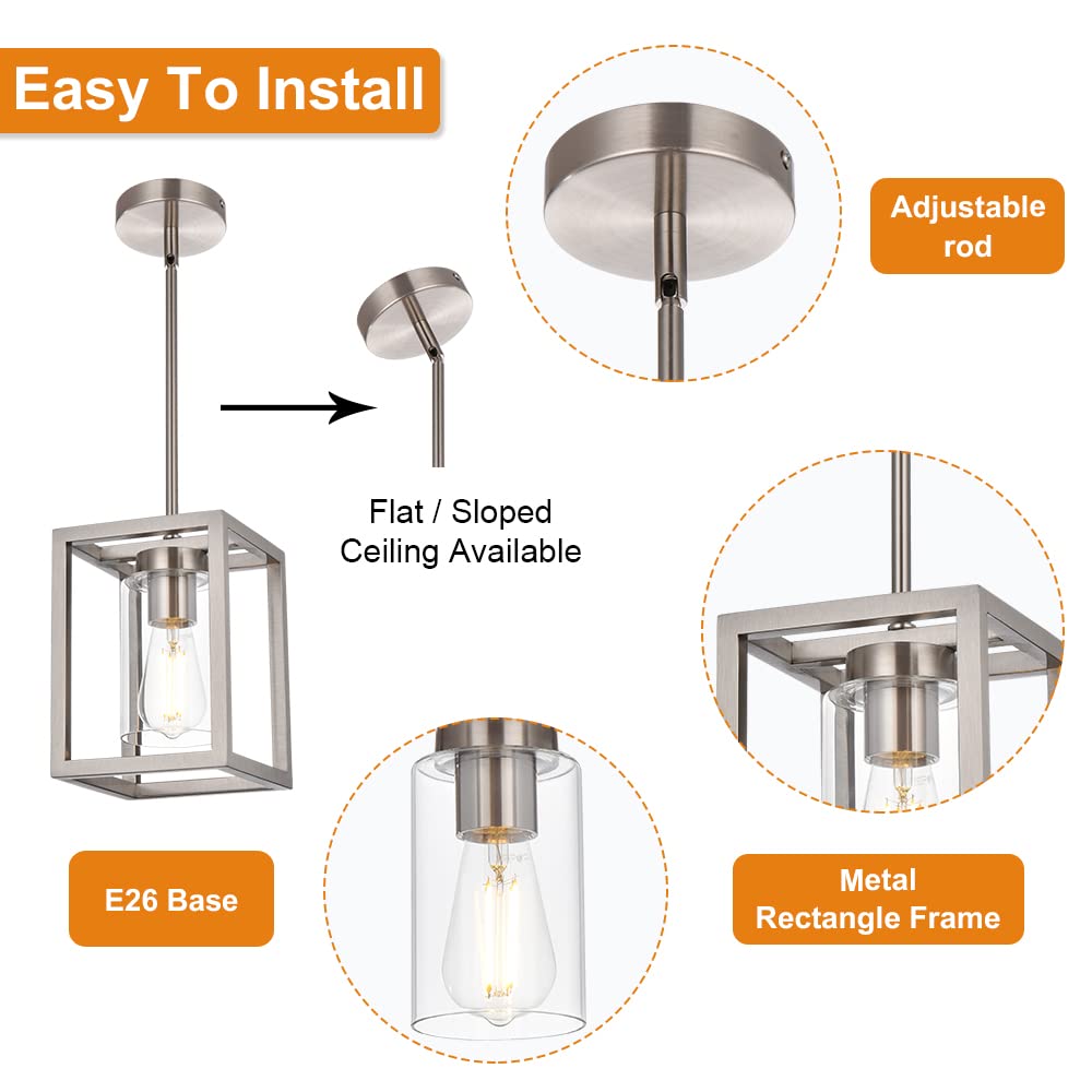 VINLUZ One Light Chandeliers Fixture Brushed Nickel Modern Pendant Kitchen Lighting with Clear Glass Shade Dining Room Lighting Fixtures Hanging Contemporary Lamp Semi Flush Mount Ceiling Lights