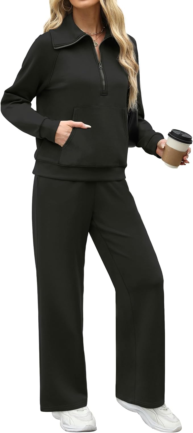 XIEERDUO Lounge Sets For Women 2025 Half Zip Sweatshirt And Wide Leg Sweatpant 2 Piece Outfits Sweatsuit Tracksuit