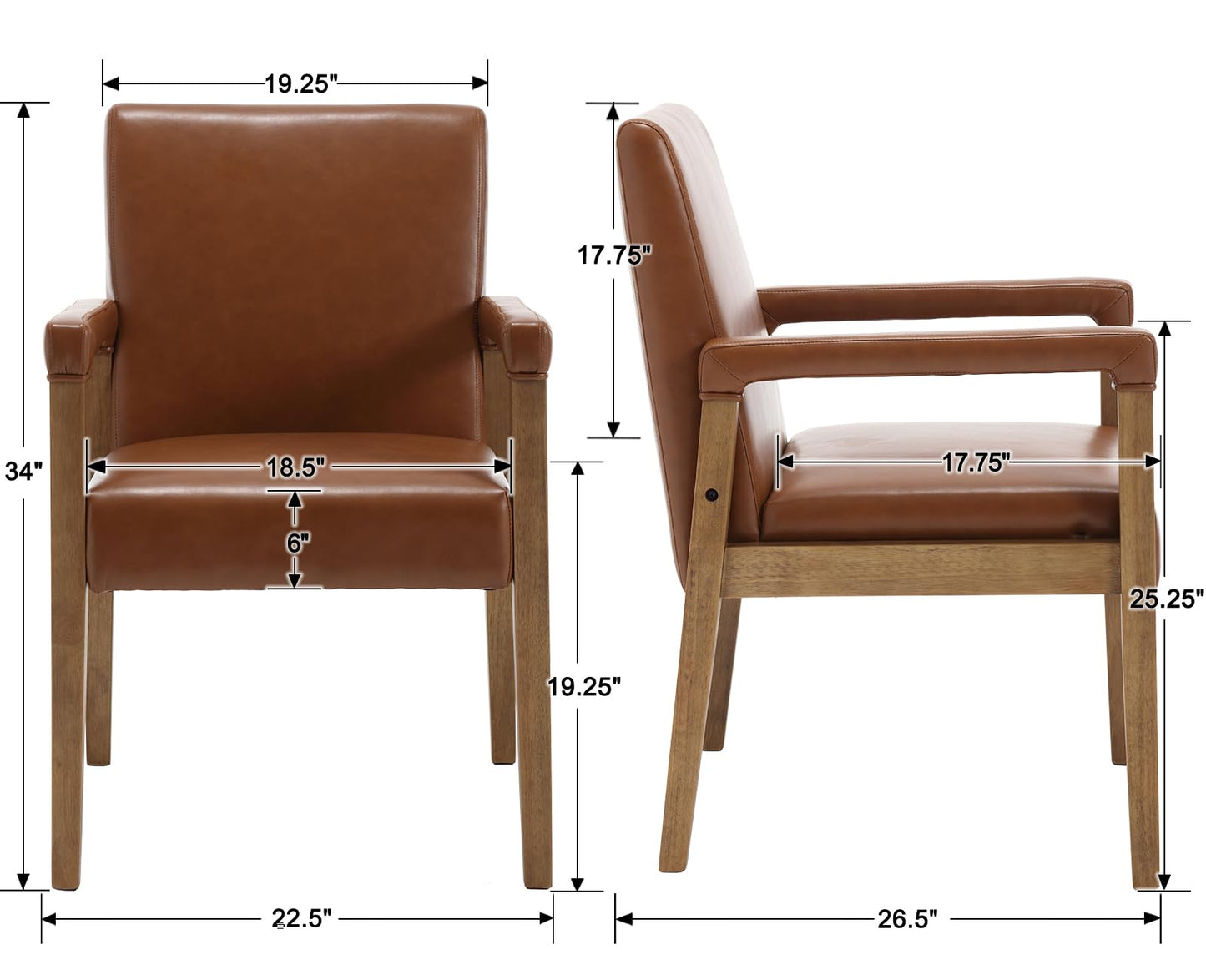 Kmax Modern Dining Chairs Set of 2 Faux Leather Kitchen Arm Chairs Upholstered Accent Chairs with Wooden Legs for Dining Room, Living Room, Bedroom, Brown
