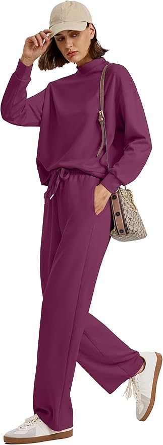WIHOLL Two Piece Sets for Women Fall Outfits Lounge Sets Mock Neck Tops Wide Leg Pants Vacation Travel Airport Outfits