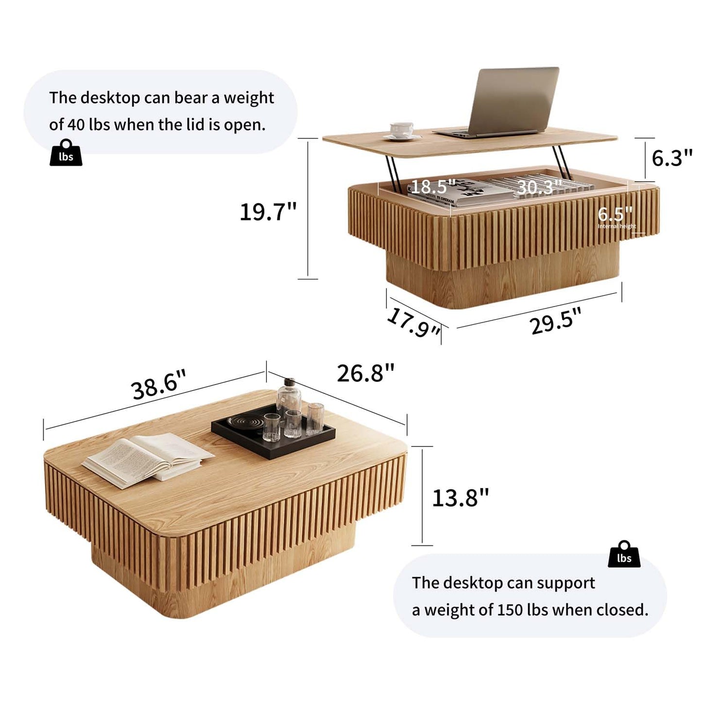 FGXJY Lift Top Coffee Table with Storage, Solid Wood Coffee Table with Adjustable Height, Fluted Center Table Accent Tea Table for Living Room, Apartment, Office (38.6" Natuall)