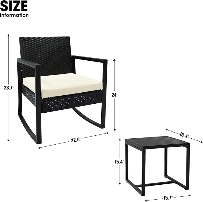ELEGIBLISS 3 Pieces Outdoor Patio Set -Wicker Rattan Chair Conversation Set with Glass Table for Poolside Yard Rocking Chair Set for Bistro Garden Front Porch All Weather Patio Furniture Set