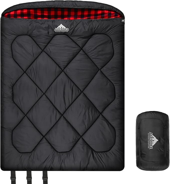 AGEMORE 0 Degree Double Sleeping Bag for Adults, Cotton Flannel Lined 2 Person Queen Size Warm Sleeping Bag for Family Win...