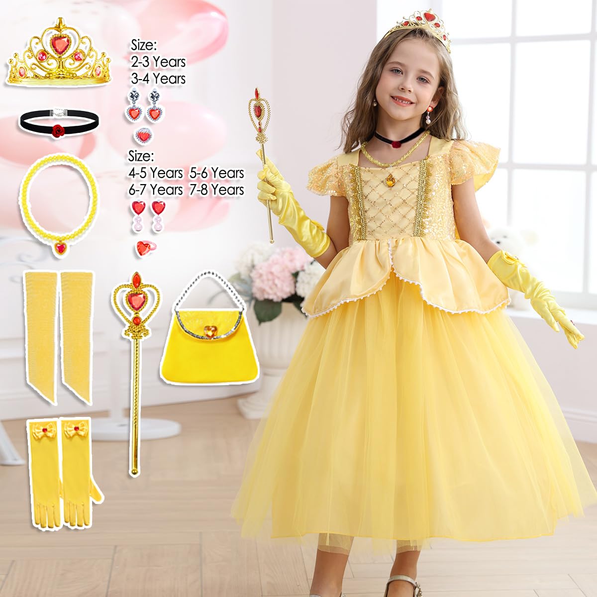 Luzlen Belle Costume for Girls Yellow Princess Dress up Halloween Birthday Party Cosplay Outfits with Accessories Yellow, 4-5T(Tag 120)