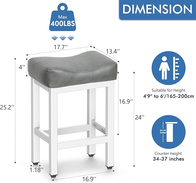 Counter Height Bar Stools Set of 2, 24 Inch Barstools for Kitchen Island Counter, Bonded Leather Kitchen Stools with Thick Saddle Seats & Heavy Duty Metal Base, Easy Assembly, Gray/White