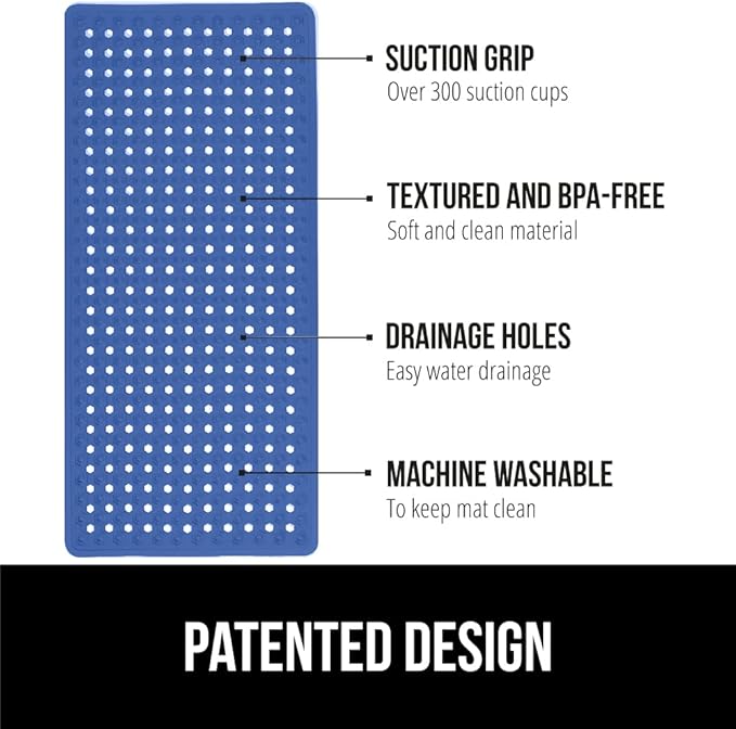 GORILLA GRIP Patented Bath Tub Shower Mat, Machine Washable Bathtub Floor Liner Mats, Suction Cups and Drain Holes to Keep Tubs Clean, Soft on Feet, Bathroom Essentials, 35x16 Inch, Royal Blue Opaque